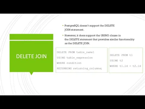 DELETE JOIN PostgreSQL doesn’t support the DELETE JOIN statement. However, it does