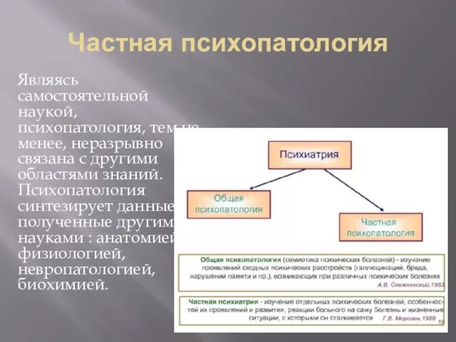 Частная психопатология Являясь самостоятельной наукой, психопатология, тем не менее, неразрывно связана с