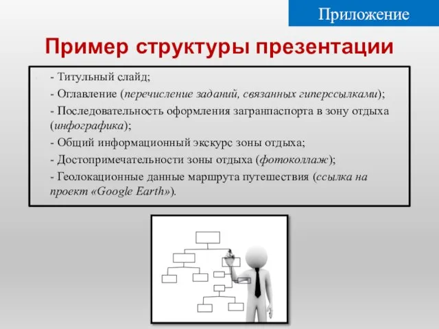 Пример структуры презентации - Титульный слайд; - Оглавление (перечисление заданий, связанных гиперссылками);