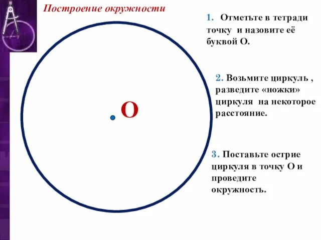 О 1. Отметьте в тетради точку и назовите её буквой О. 2.