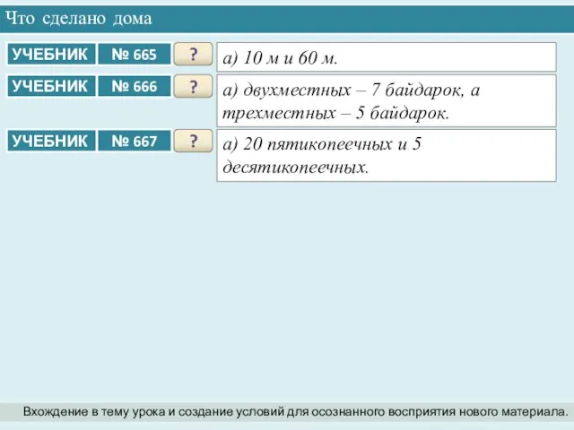 Что сделано дома Вхождение в тему урока и создание условий для осознанного