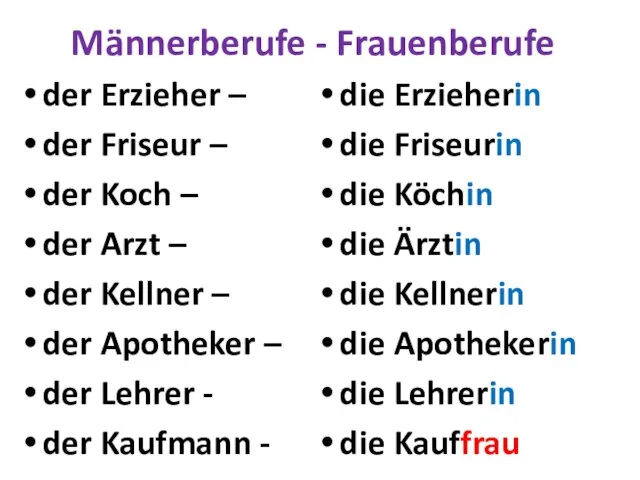 Männerberufe - Frauenberufe der Erzieher – der Friseur – der Koch –