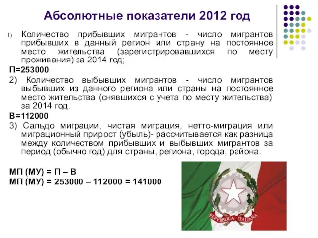 Абсолютные показатели 2012 год Количество прибывших мигрантов - число мигрантов прибывших в