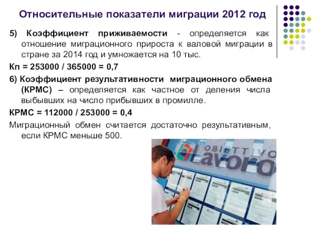 Относительные показатели миграции 2012 год 5) Коэффициент приживаемости - определяется как отношение