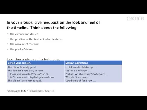 In your groups, give feedback on the look and feel of the