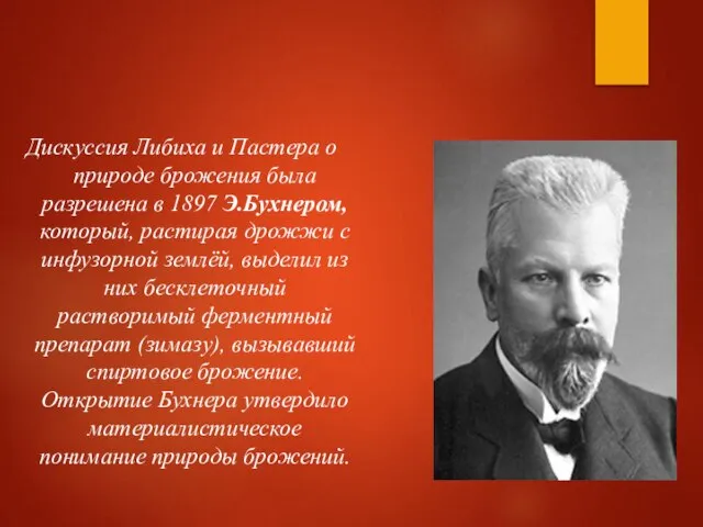 Дискуссия Либиха и Пастера о природе брожения была разрешена в 1897 Э.Бухнером,