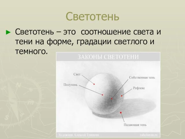 Светотень Светотень – это соотношение света и тени на форме, градации светлого и темного.