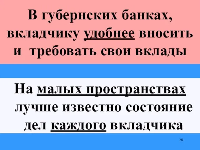 На малых пространствах лучше известно состояние дел каждого вкладчика В губернских банках,