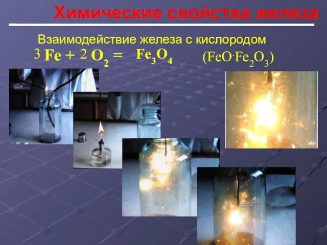 Химические свойства железа Взаимодействие железа с кислородом: Fe + O2 = Fe3O4 (FeO.Fe2O3)‏ 3 2