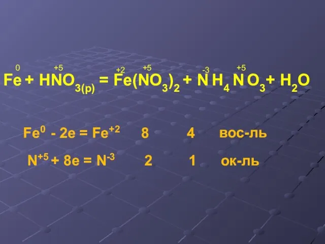 Fe0 - 2e = Fe+2 8 4 N+5 + 8e = N-3