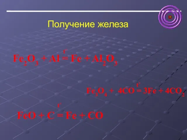 Получение железа FeO + C = Fe + CO t˚ Fe3O4 +