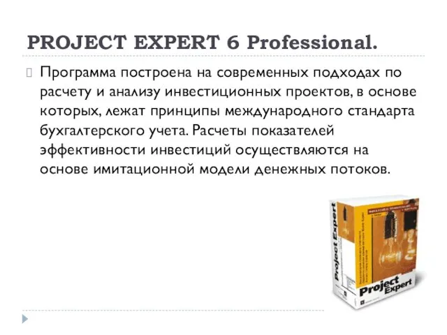 PROJECT EXPERT 6 Professional. Программа построена на современных подходах по расчету и