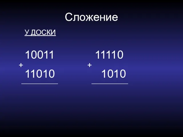 Сложение У ДОСКИ 10011 11010 + 11110 1010 +