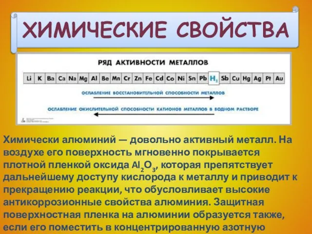 ХИМИЧЕСКИЕ СВОЙСТВА Химически алюминий — довольно активный металл. На воздухе его поверхность