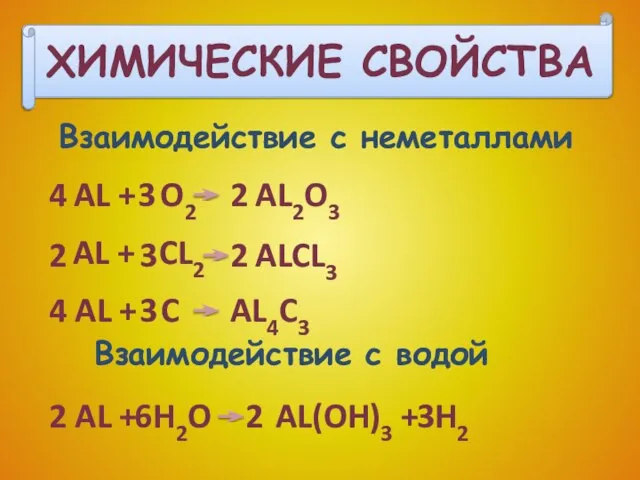 ХИМИЧЕСКИЕ СВОЙСТВА Взаимодействие с неметаллами AL + O2 4 3 2 AL2O3