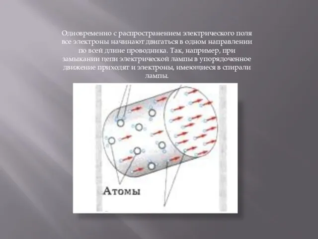 Одновременно с распространением электрического поля все электроны начинают двигаться в одном направлении