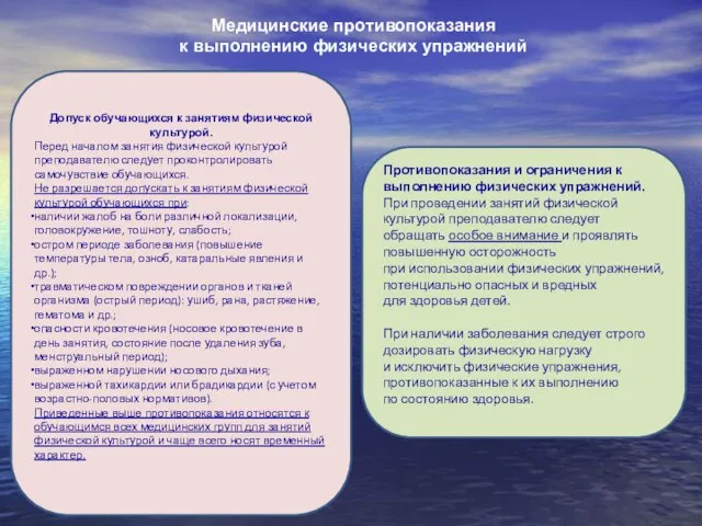 Медицинские противопоказания к выполнению физических упражнений Допуск обучающихся к занятиям физической культурой.