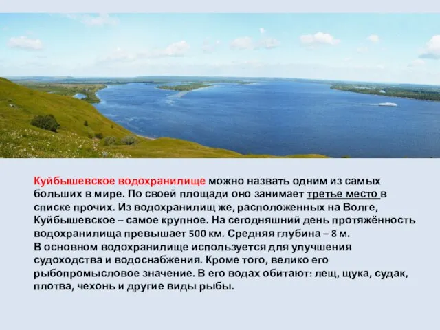 Куйбышевское водохранилище можно назвать одним из самых больших в мире. По своей