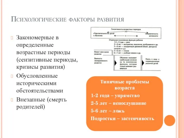 Психологические факторы развития Закономерные в определенные возрастные периоды (сензитивные периоды, кризисы развития)