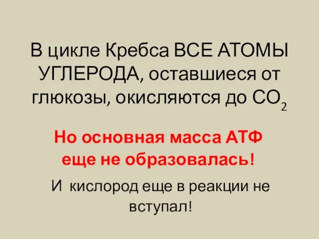 В цикле Кребса ВСЕ АТОМЫ УГЛЕРОДА, оставшиеся от глюкозы, окисляются до СО2