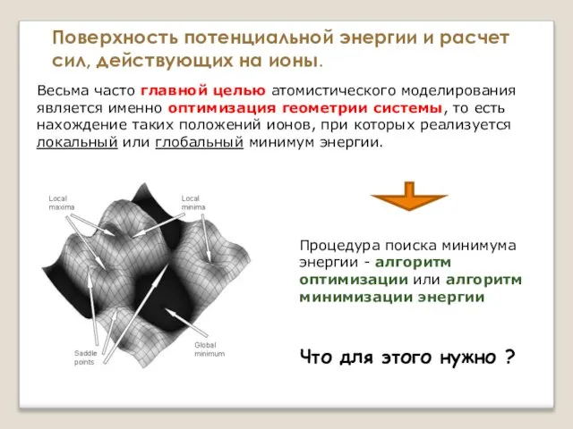 Весьма часто главной целью атомистического моделирования является именно оптимизация геометрии системы, то