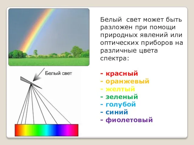 Белый свет может быть разложен при помощи природных явлений или оптических приборов