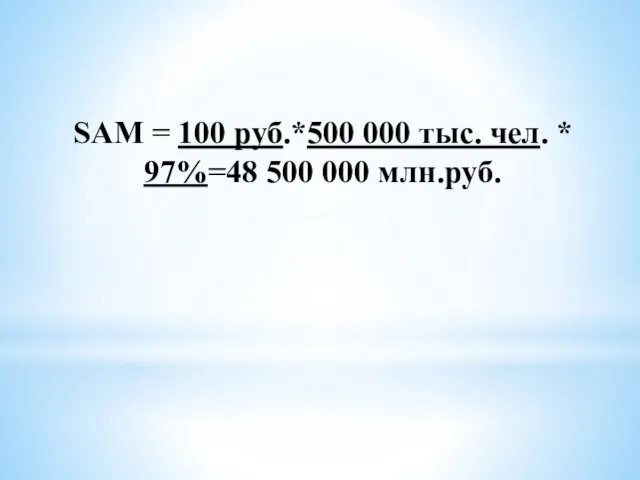 SAM = 100 руб.*500 000 тыс. чел. * 97%=48 500 000 млн.руб.