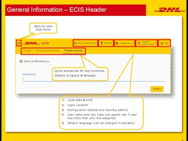 General Information – ECIS Header Bars to view Side Panel Local date