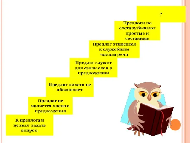 К предлогам нельзя задать вопрос. Предлог не является членом предложения Предлог ничего