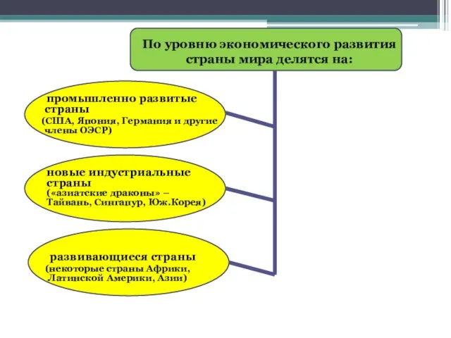 По уровню экономического развития страны мира делятся на: промышленно развитые страны (США,