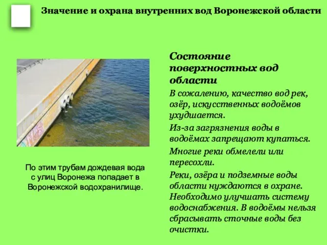 Значение и охрана внутренних вод Воронежской области Состояние поверхностных вод области В
