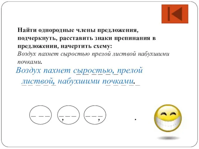 Воздух пахнет сыростью, прелой листвой, набухшими почками. , , . Найти однородные