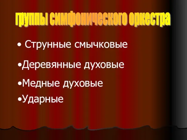 группы симфонического оркестра Струнные смычковые Деревянные духовые Медные духовые Ударные