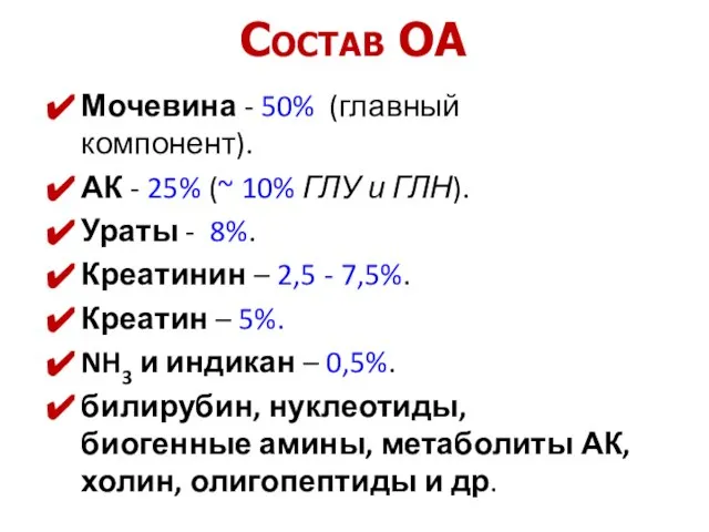 Состав ОА Мочевина - 50% (главный компонент). АК - 25% (~ 10%