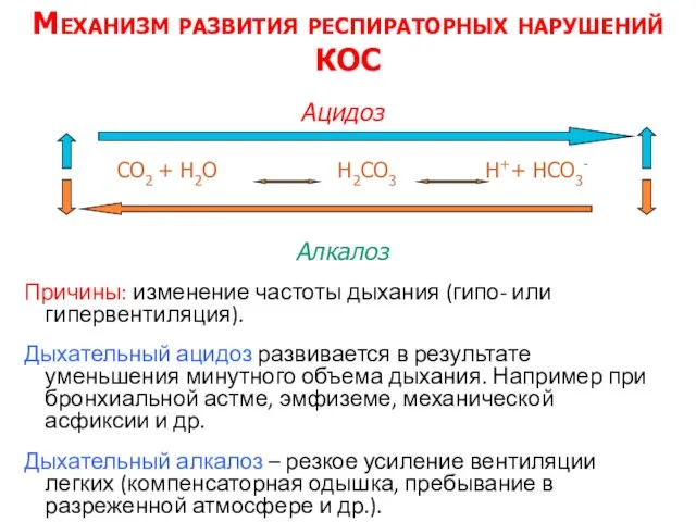 Механизм развития респираторных нарушений КОС Ацидоз СО2 + Н2О Н2СО3 Н++ НСО3-