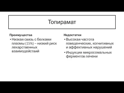 Топирамат Преимущества Низкая связь с белками плазмы (15%) – низкий риск лекарственных