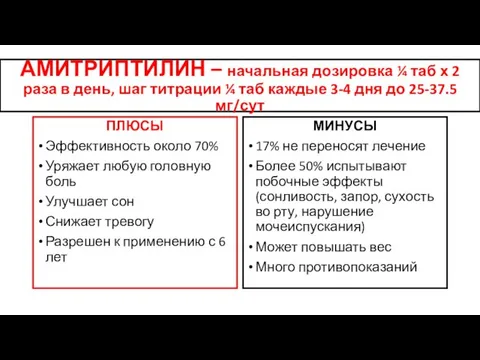 АМИТРИПТИЛИН – начальная дозировка ¼ таб х 2 раза в день, шаг