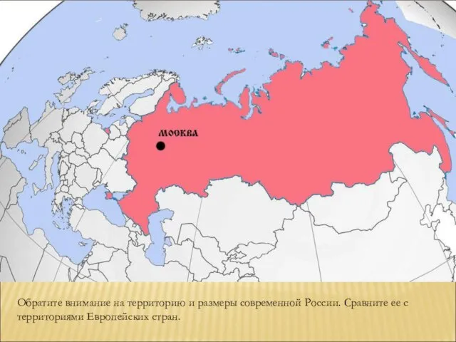Обратите внимание на территорию и размеры современной России. Сравните ее с территориями Европейских стран.