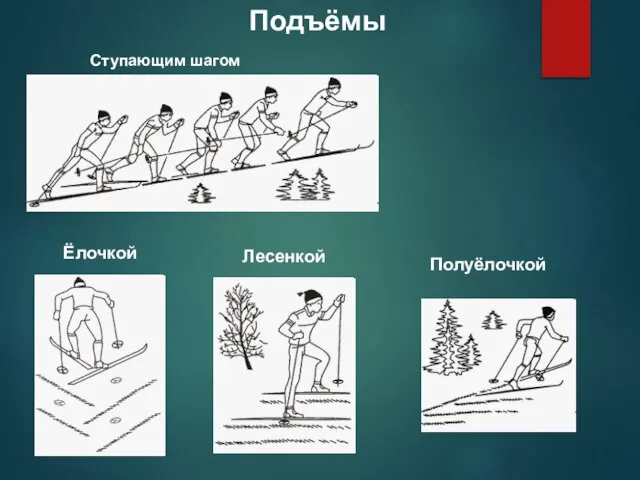 Подъёмы Ступающим шагом Полуёлочкой Ёлочкой Лесенкой