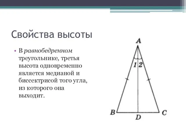 Свойства высоты В равнобедренном треугольнике, третья высота одновременно является медианой и биссектрисой