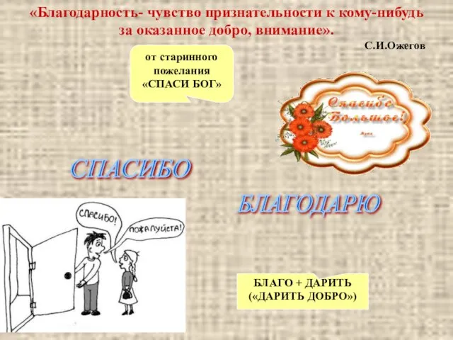 «Благодарность- чувство признательности к кому-нибудь за оказанное добро, внимание». С.И.Ожегов от старинного