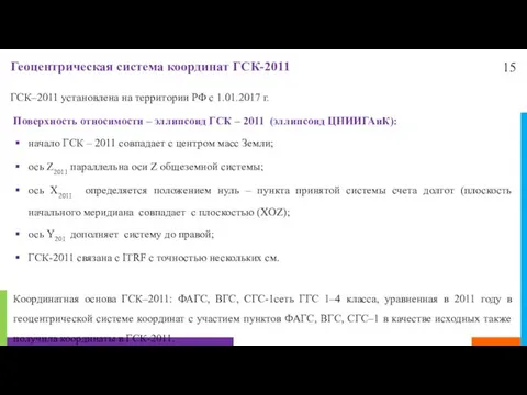 15 Геоцентрическая система координат ГСК-2011 ГСК–2011 установлена на территории РФ с 1.01.2017