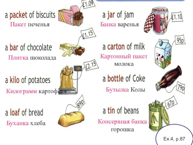 Пакет печенья Банка варенья Плитка шоколада Картонный пакет молока Килограмм картофеля Бутылка