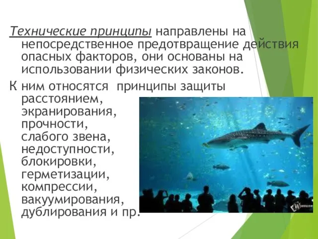 Технические принципы направлены на непосредственное предотвращение действия опасных факторов, они основаны на