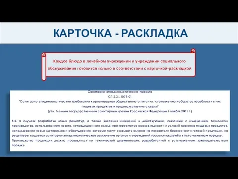 КАРТОЧКА - РАСКЛАДКА Каждое блюдо в лечебном учреждении и учреждении социального обслуживания