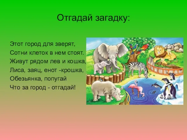 Отгадай загадку: Этот город для зверят, Сотни клеток в нем стоят. Живут