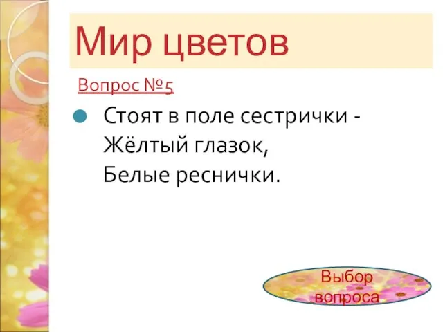 Мир цветов Вопрос №5 Стоят в поле сестрички - Жёлтый глазок, Белые реснички. Выбор вопроса