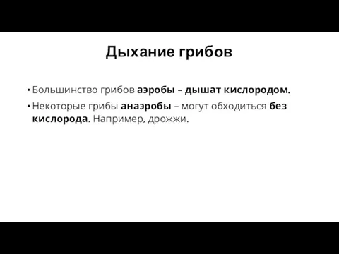 Дыхание грибов Большинство грибов аэробы – дышат кислородом. Некоторые грибы анаэробы –