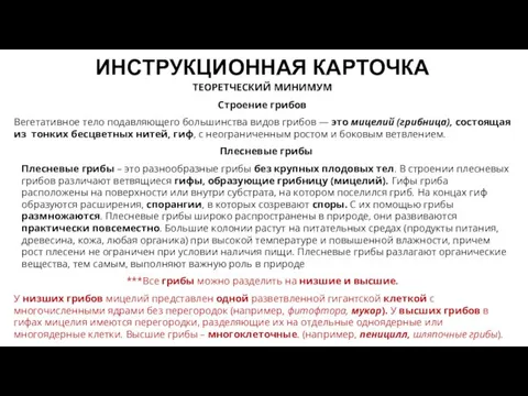 ИНСТРУКЦИОННАЯ КАРТОЧКА ТЕОРЕТЧЕСКИЙ МИНИМУМ Строение грибов Вегетативное тело подавляющего большинства видов грибов