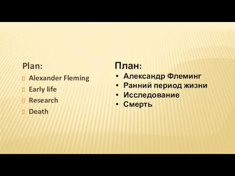 План: Александр Флеминг Ранний период жизни Исследование Смерть Plan: Alexander Fleming Early life Research Death